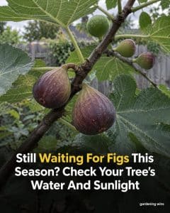 Purple and green figs hanging from a leafy branch, with a reminder to check the tree’s water and sunlight.