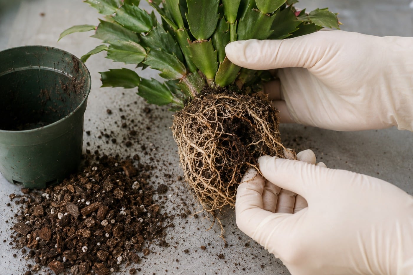 Inspecting the fine roots of a Thanksgiving cactus for signs of rot