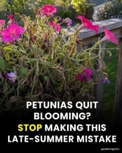 Leggy pink petunias with faded blooms in a hanging basket