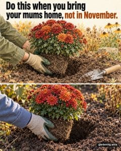 Illustration of gloved hands planting an orange mum, with the words “Do this when you bring your mums home, not in November.”