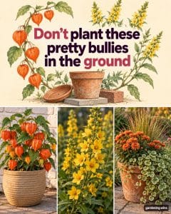 Gardening graphic with Chinese lanterns, yellow flowers, and a mixed planter, warning against planting aggressive spreaders in the ground.