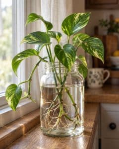 Golden pothos with yellow-splashed green leaves and visible roots growing in a clear glass jar of water.