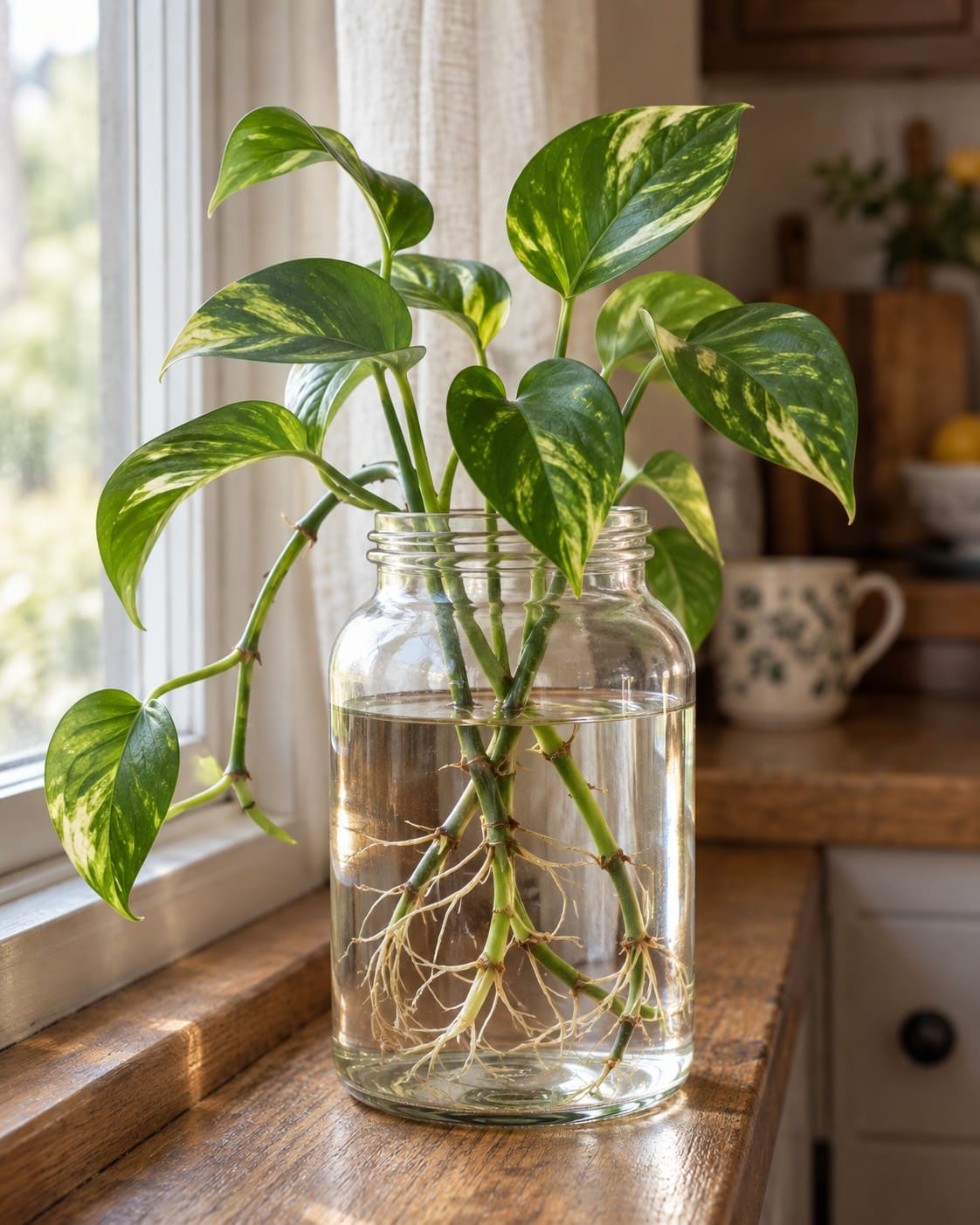 Golden pothos with yellow-splashed green leaves and visible roots growing in a clear glass jar of water.